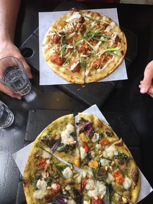 Ultraviolet and stranger wings pizza at Virtuous Pie in Portland