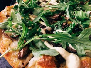 I know it looks like a bunch of greens, but this is savory and rich. Trust me. at Virtuous Pie in Portland