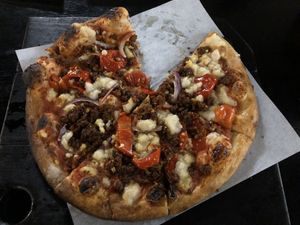 Sweet peppers and sausage at Virtuous Pie in Portland