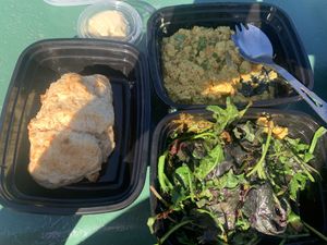 Sides: biscuit, greens and tofu scramble. SO GOOD.   at Donna Jean in San Diego