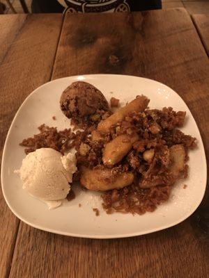 Fried Bananas with vanilla and chocolate hazelnut ice cream. at The Greyhound Cafe in Malvern