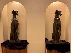 Cute greyhound statues at The Greyhound Cafe in Malvern
