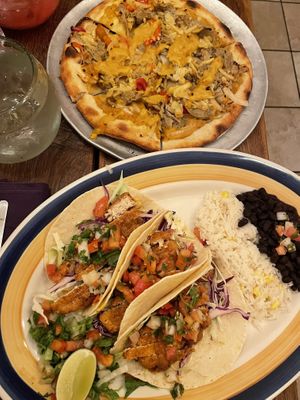 fish tacos and cheese steak pizza  at The Greyhound Cafe in Malvern