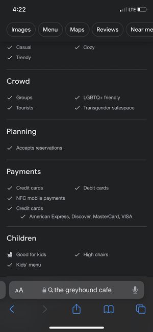 Google shot 2 stating the place is "Kid friendly" at The Greyhound Cafe in Malvern