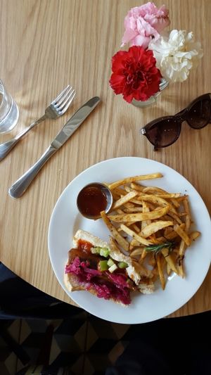 lighting and v. chorizo dog   at VITA Vegan Paradise in New York City