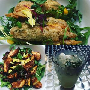 zucchini blossoms, fried artichoke and mint lemonade at VITA Vegan Paradise in New York City