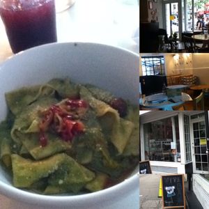 Bowl of vegan Pappardelle with a beverage called Blueberry & Rosemary infused lemonade  at VITA Vegan Paradise in New York City
