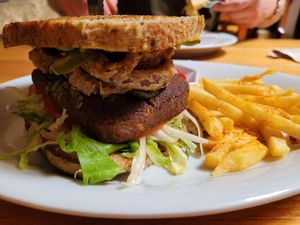 Vegan "burger" with chips at Gringo Mike's in San Gil