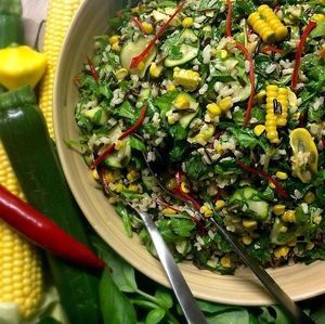 Grilled sweetcorn with zucchini, kale, black beans, brown rice and chili at Kooks Kitchen - South Melbourne in South Melbourne