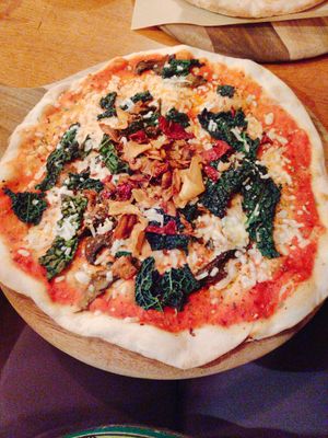 XMAS Day I'm Truffling Pizza - roasted garlic mushrooms, cavalo nero, truffle oil, chilli,
tarragon, root vegetable crisps at The Stable in Birmingham