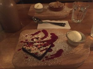 Vegan brownie & apple crumble desserts with ice cream at The Stable in Birmingham