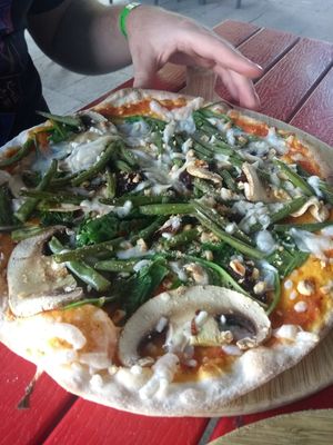Vegan mushroom, green bean and hazelnut topped pizza at The Stable in Birmingham