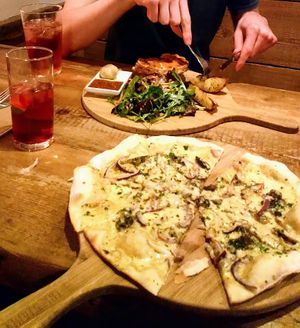1-Garlic bread with onions
2-potato and pie with salad.  at The Stable in Falmouth