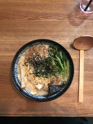 Creamy vegan noodle bowl with tofu, tempeh, leek and nori.  at Ryong in Berlin