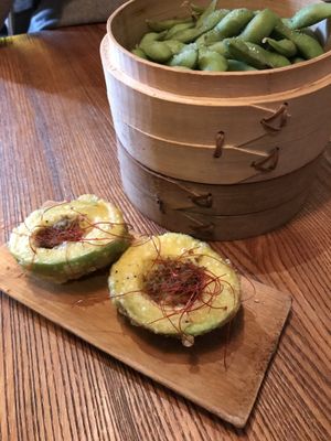 dragon egg (tempura avocado) and edamame at Ryong in Berlin