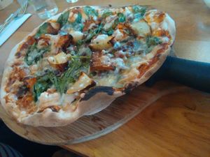 One Potato Two Potato Pizza woth sweet potato, Bute Island vegan mozzarella, potato, Spanish onion at The Stable in Winchester