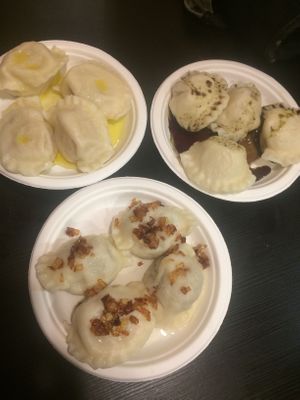 many fillings and you can also choose if you'd like it cooked in olive oil, kern oil, or onion-- I chose all 3!! :) at PieRogi Vegan in Wroclaw