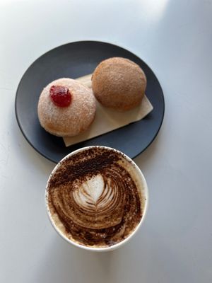 Vegan jam and cinnamon donuts. Delicious coffee with alternate milks  at Vulcano Gelato in Rye