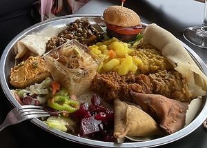 A huge plate of different dishes! Each one delicious!  at Etiopico Afrika in Gran Canaria