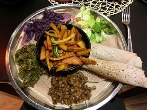 Vegan Homemade seitan platter for 10€. delicious and filling!  at Etiopico Afrika in Gran Canaria