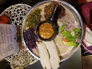 vegan platter with chickpea and Lentil stew for 9€. delicious and generous portion!  at Etiopico Afrika in Gran Canaria