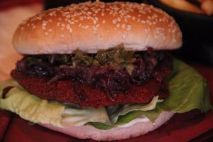 NEW VEG BURGER CASERO:
Beetroot and lupine burgers, Caramelised red onion, Turnip Greens, Homemade vegan mayonnaise, Salad, served with fried chips at Etiopico Afrika in Gran Canaria