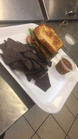 Fried "Chicken" served with blue corn chips and spanish sophrito dip! at Soul Good Vegan Cafe in Durham