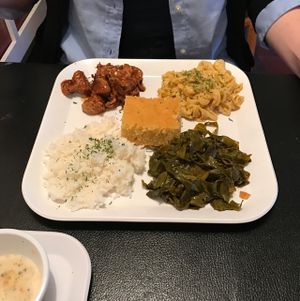 BBQ Chickin, mac and cheese, collard greens, rice, and corn bread at Soul Good Vegan Cafe in Durham