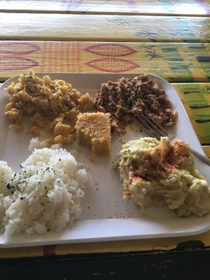 Jackfruit BBQ, potato salad, Mac and cheese, rice and cornbread  at Soul Good Vegan Cafe in Durham