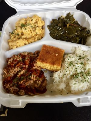 Vegan Soul Food Fabulousness - BBQ Jackfruit, M&C and Greens  at Soul Good Vegan Cafe in Durham