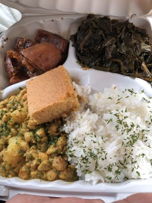Curry chickpea, yams, collard greens, rice and cornbread  at Soul Good Vegan Cafe in Durham