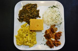 Southern BBQ plate with mac and cheese and collard greens at Soul Good Vegan Cafe in Durham