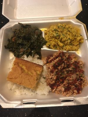 BBQ jackfruit platter with collard greens and Mac & cheese at Soul Good Vegan Cafe in Durham
