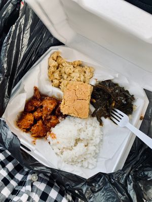BBQ platter with mac and cheese + collard greens as a side. at Soul Good Vegan Cafe in Durham