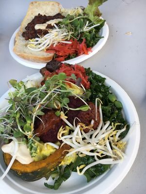 Daily specials (beans and toast on top, beet balls and potato on bottom) at Tea and Happiness in Rotorua