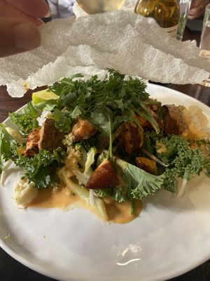 Lunch dish with sweet potato, broccoli, kale etc in a miso sauce. Served with rice paper and loadsss of cilantro 😋  at Ling Long in Stockholm