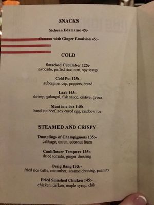Page 1 of the dinner menu at Ling Long in Stockholm