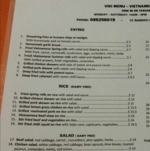 menu at Viki Cafe in Auckland