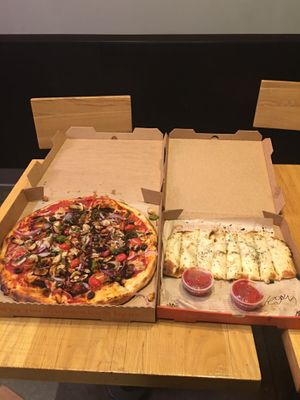 Vegan Pizza with Vegan cheese sticks.  #Veganuary at Blaze Pizza in Asheville