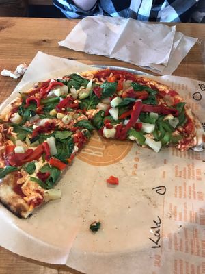 Vegan cheese pizza with spinach, peppers, pineapple, zuchinni at Blaze Pizza in Asheville