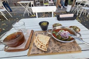 Szakszuka, falafels, olives, tea at Tel Aviv Urban Food - Mickiewicza in Warsaw