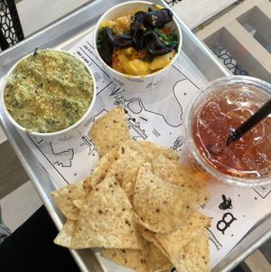 Mac and cheese w shiitake bacon, kale artichoke dip & chips, iced tea at By Chloe - Seaport Blvd in Boston