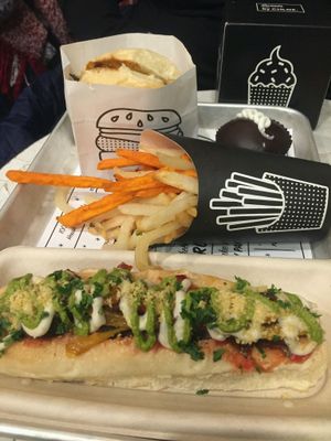 BBQ portobello burger,  ChloeHostess cupcake, sweet and white potato fries, & meatball sandwich. Also had beet ketchup and chipotle aoli.    at By Chloe - Seaport Blvd in Boston