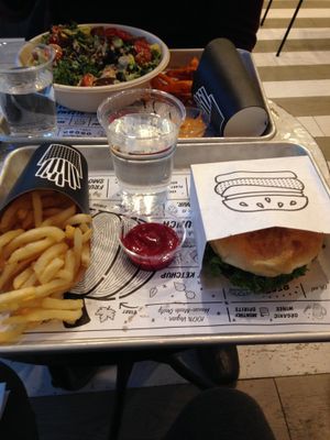 Veggie burger, air baked fries, and beet ketchup/ at By Chloe - Seaport Blvd in Boston
