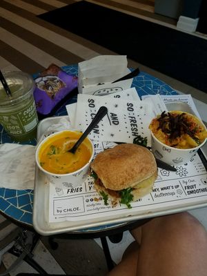 So delicious! carrot soup, whiskey bbq, macncheese with basil lemonade at By Chloe - Seaport Blvd in Boston