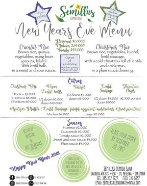 New Year’s Eve take out menu  at Semillas Comida Sana in Pereira