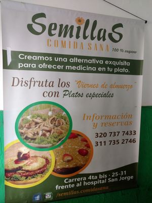 signage at Semillas Comida Sana in Pereira