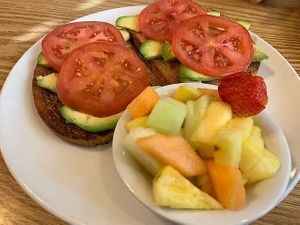 Avocado Toast with fruit at Ernie's Coffe Shop in South Lake Tahoe