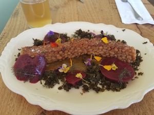 Tempeh with fermented kale, pickled beets, honey tahini sauce at Confluence Kombucha in St Louis