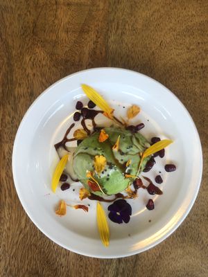 kimchi stuffed avocado! at Confluence Kombucha in St Louis